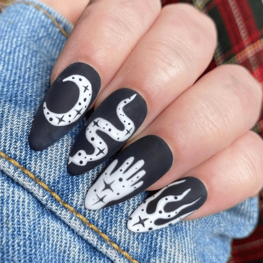 Black and white halloween nail design