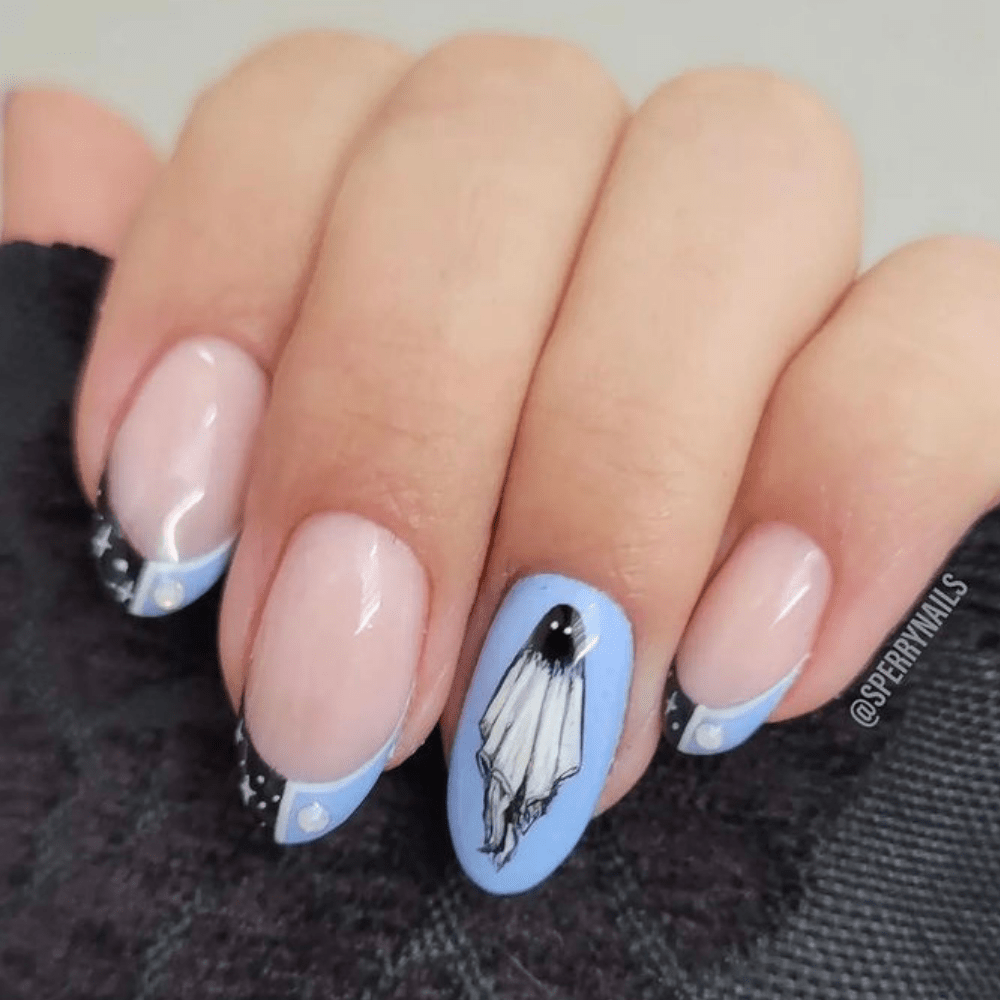 blue and black halloween nail design