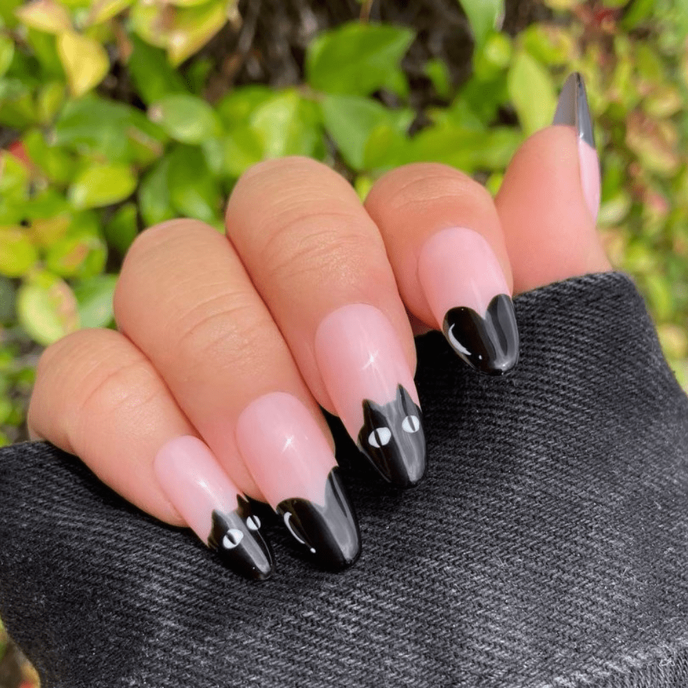 black cat french tips halloween nail design