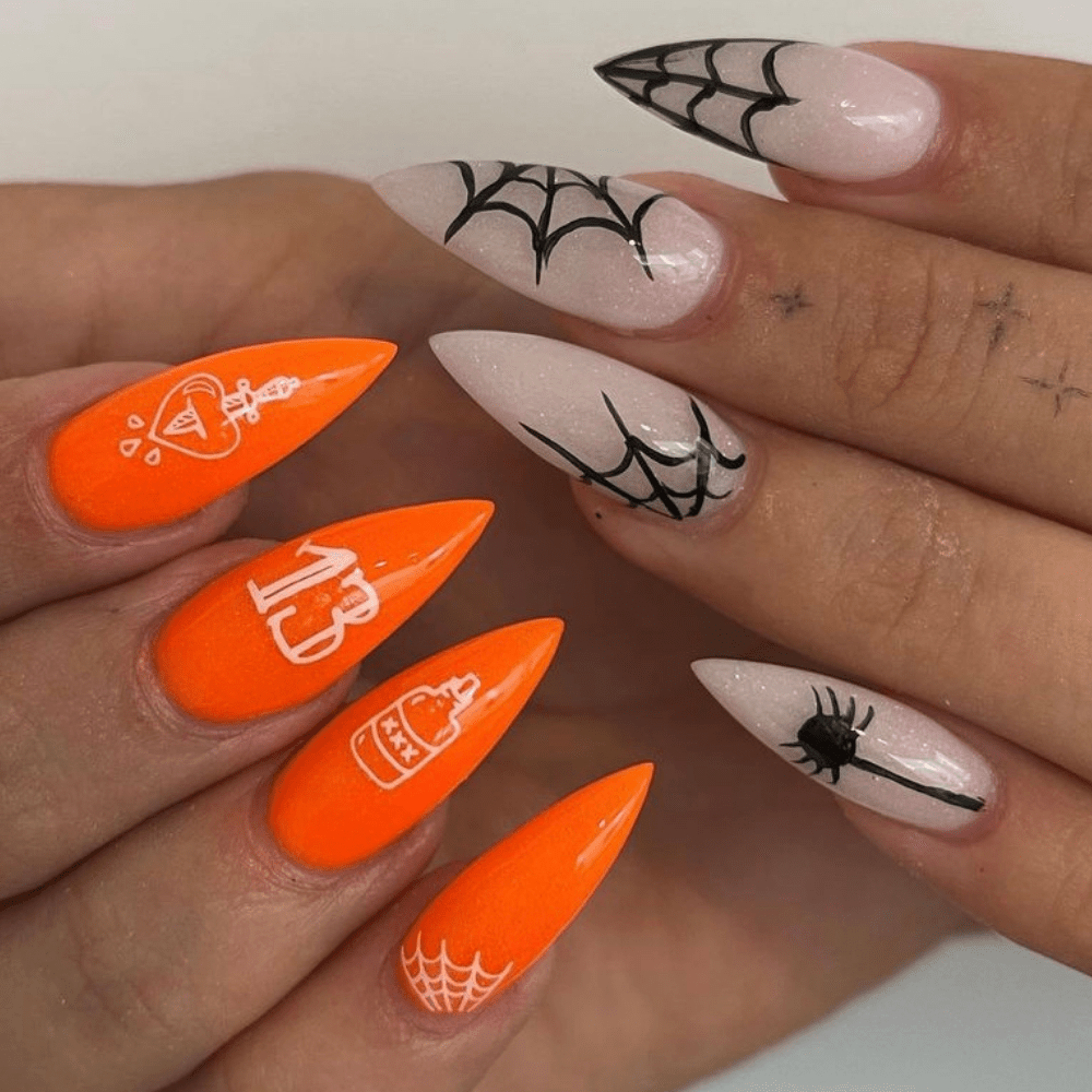 orange and black nail desgin