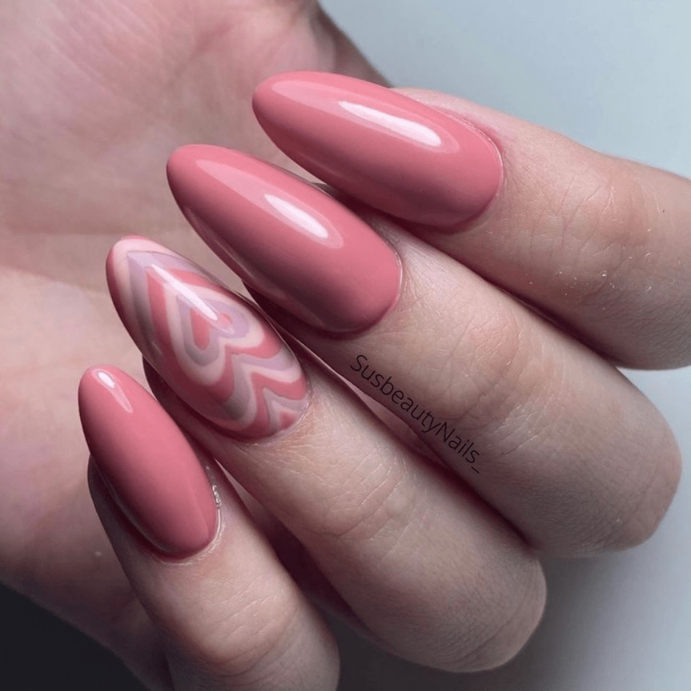 pink polygel nail design with a heart