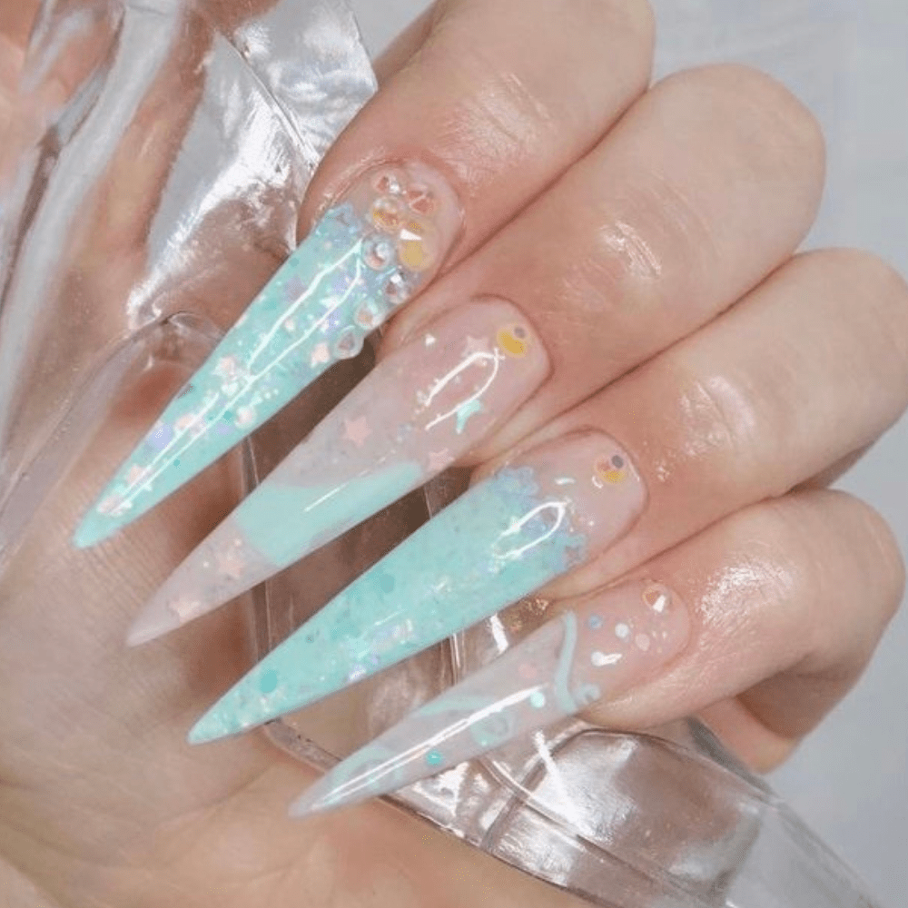 Blue long siletto polygel nail design