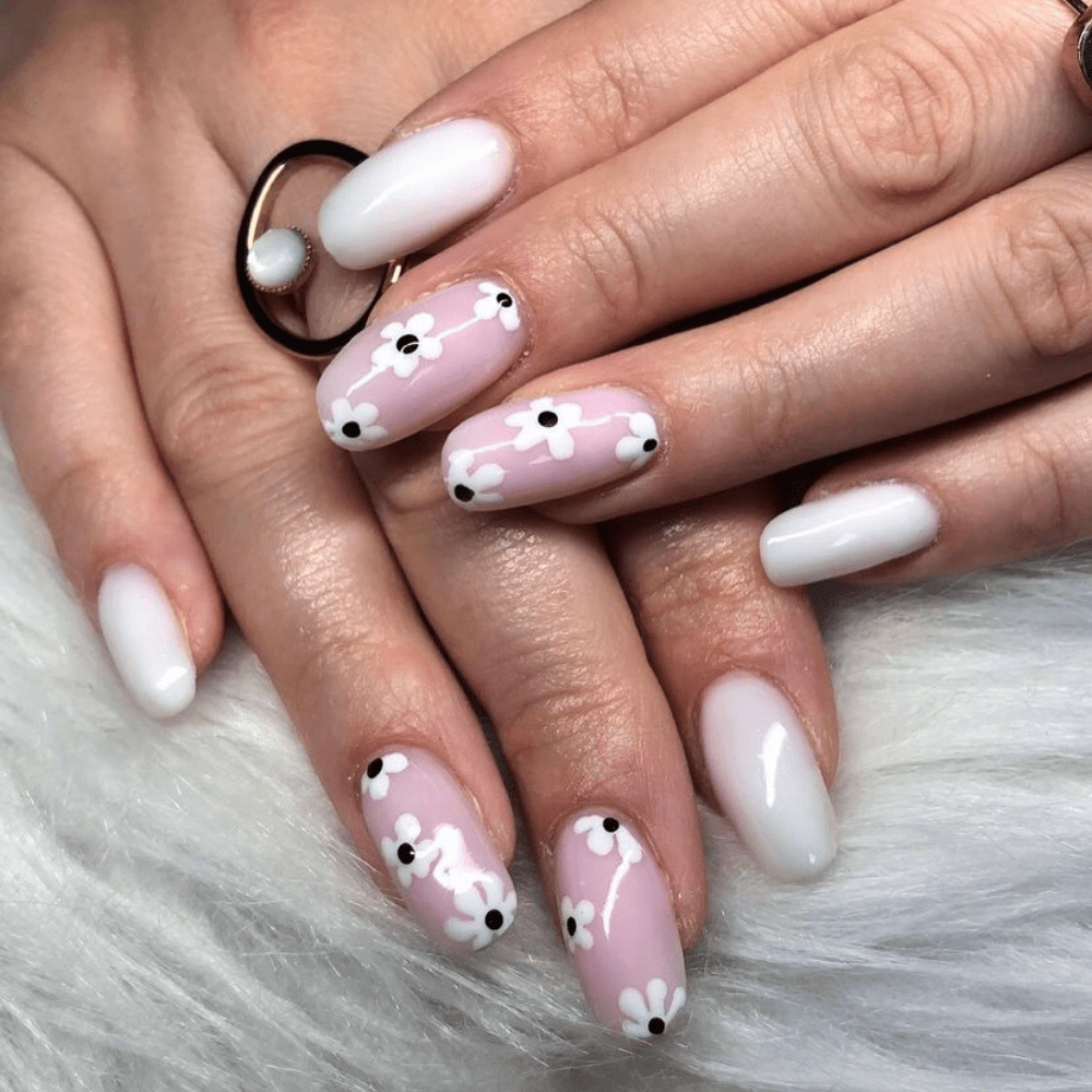 Pink and white nail design with flowers