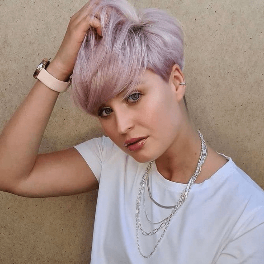 A pink pixie cut