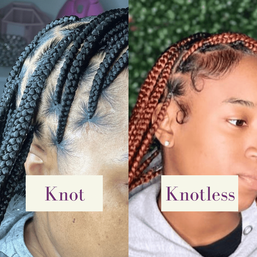 A side by side image of knotless braids and regular braids with a medium knot